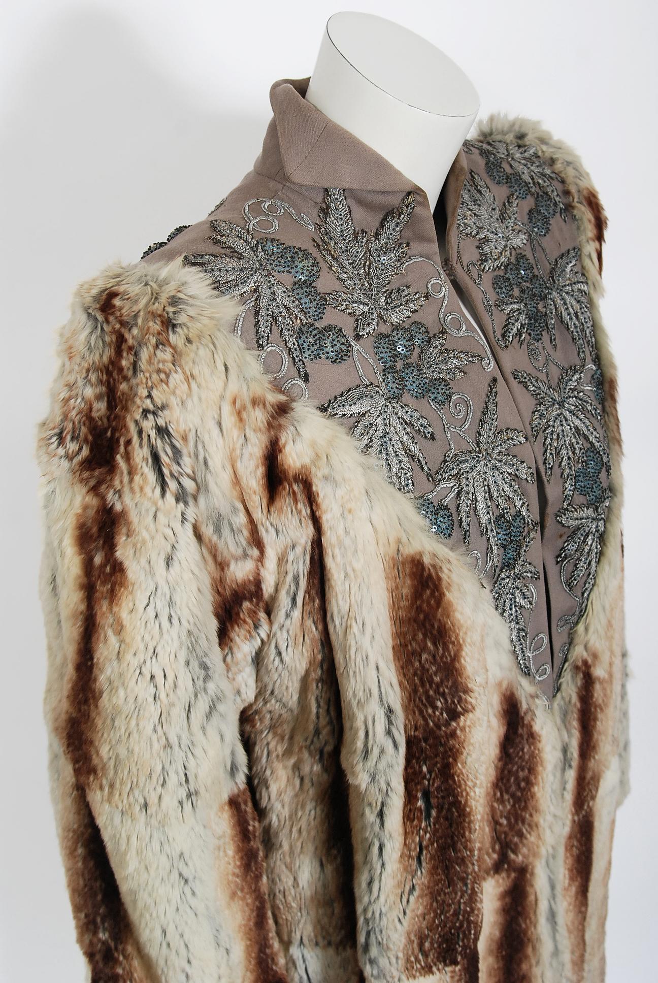 Vintage 1940's Beaded Embroidered Novelty Gabardine Chinchilla-Fur Couture Coat In Good Condition In Beverly Hills, CA