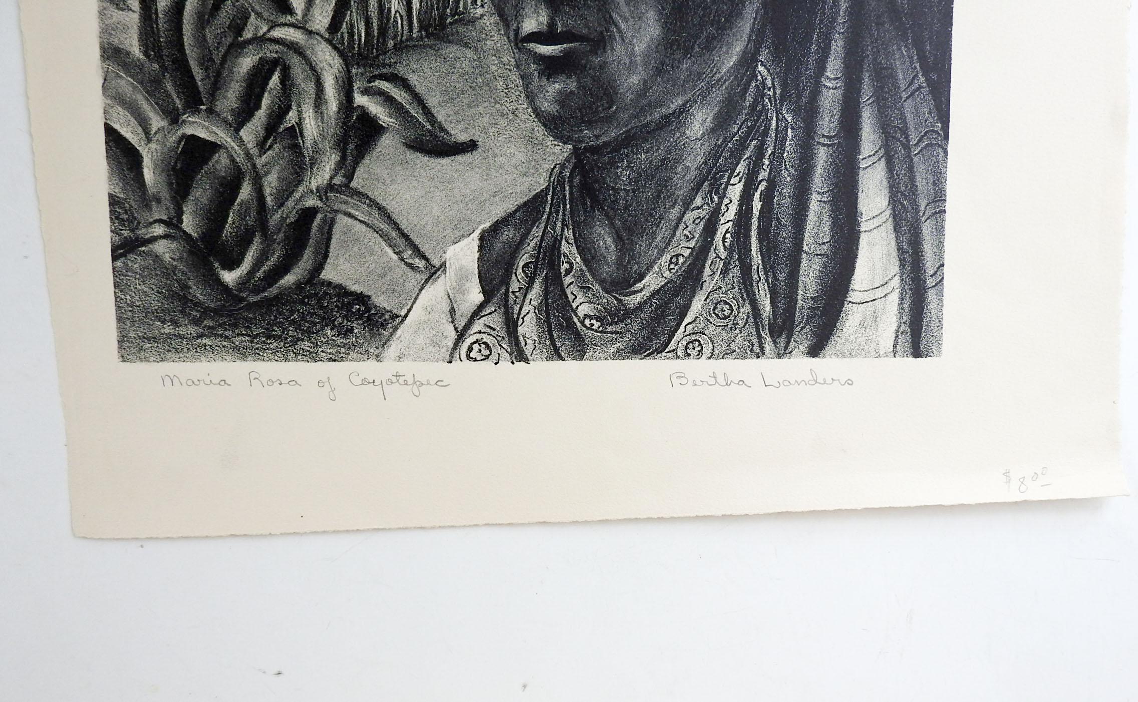Vintage circa 1940s portrait lithograph on paper by Bertha Mae Landers (1907 - 1996) Texas. Signed and titled Maria Rosa of Coyotepec in pencil along lower margin. Unframed, age toning, print is off kilter on paper.
