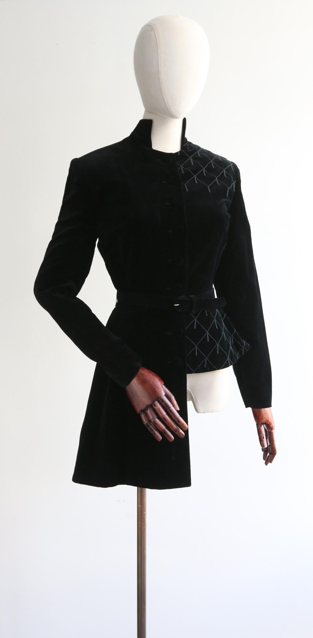 Women's Vintage 1940's Black Asymmetrical Velvet Jacket tailored couture  UK 8 US 4