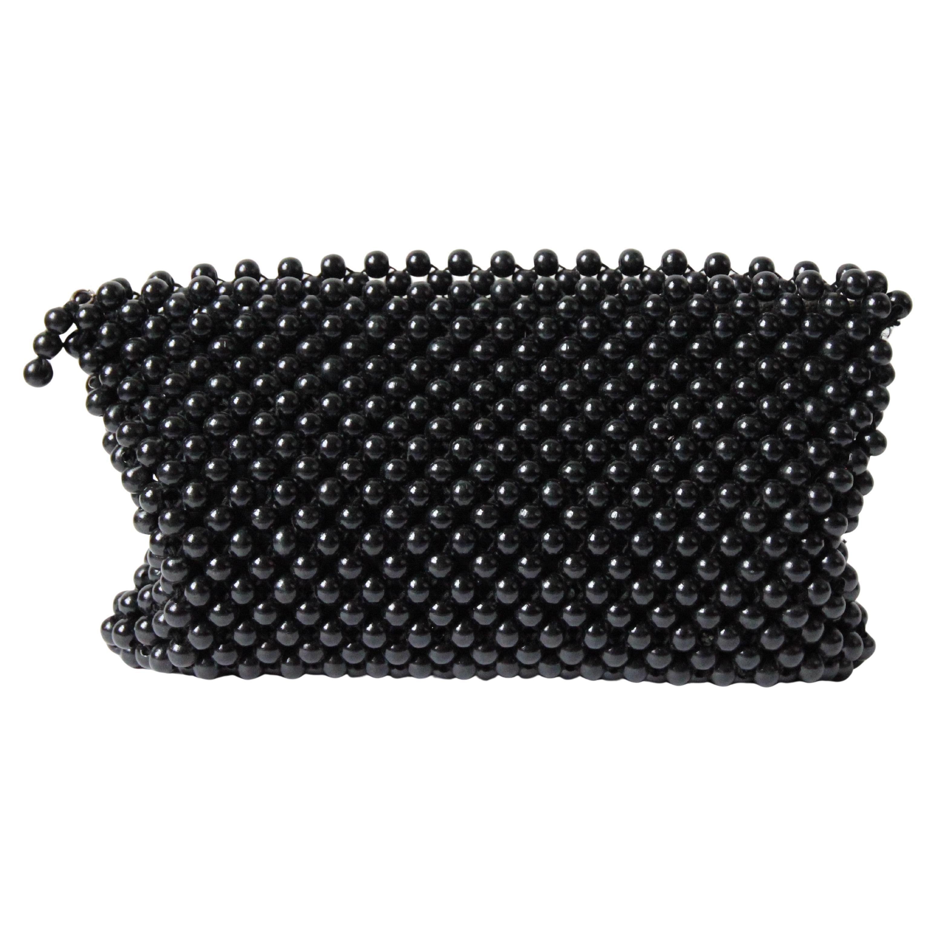 Vintage 1940's black beaded clutch bag original 1940's black wooden beaded bag For Sale