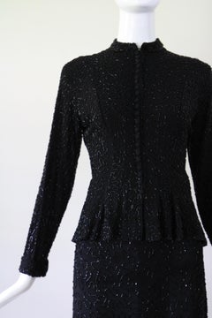 Vintage 1940's Black Beaded Peplum Skirt Suit US 6 UK 10