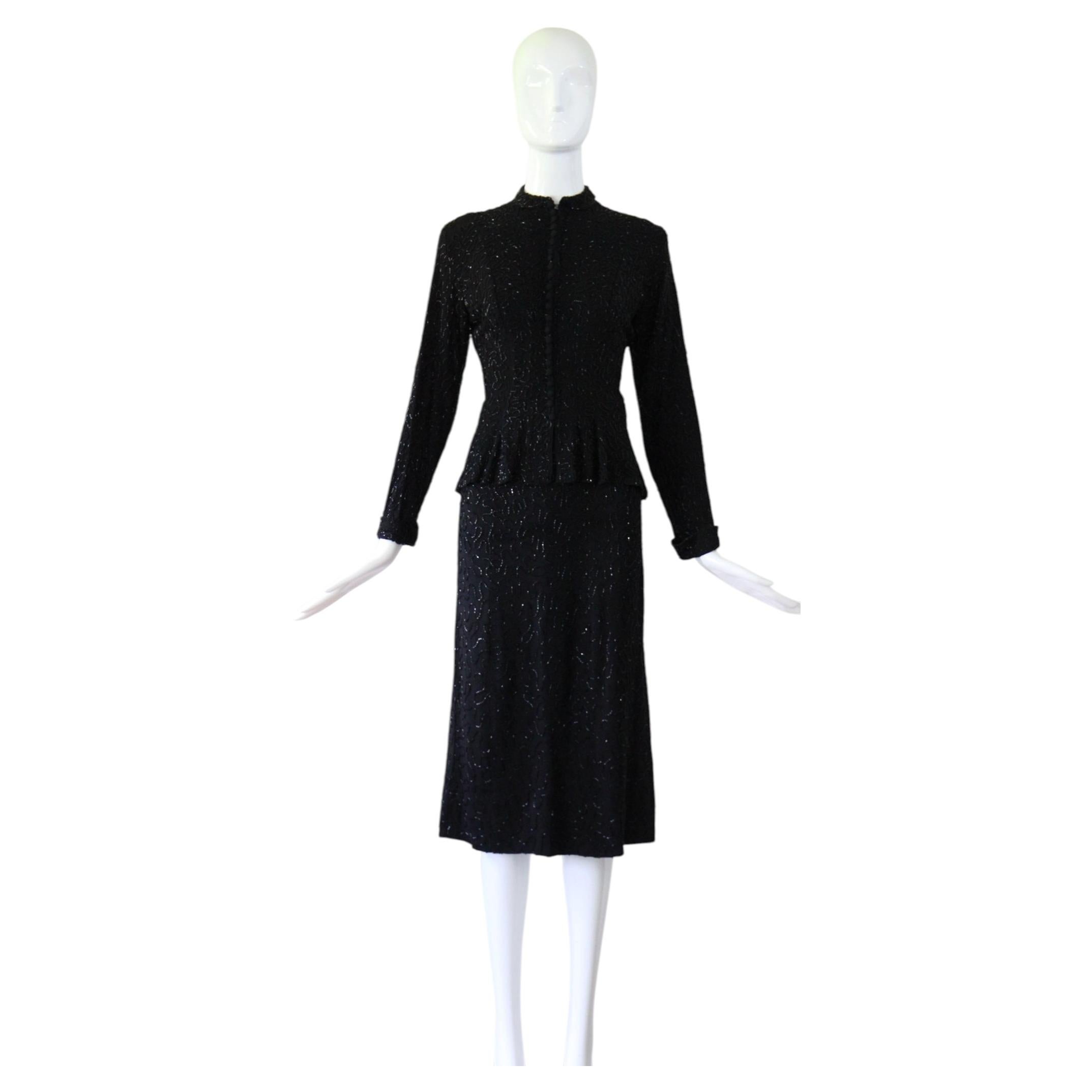 Vintage 1940's Black Beaded Peplum Skirt Suit US 6 UK 10 For Sale