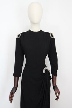 Vintage 1940's Black Crepe Silk Rhinestone Bow Cocktail Dress UK 14 US 10
