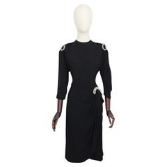 Vintage 1940's Black Crepe Silk Rhinestone Bow Cocktail Dress UK 14 US 10