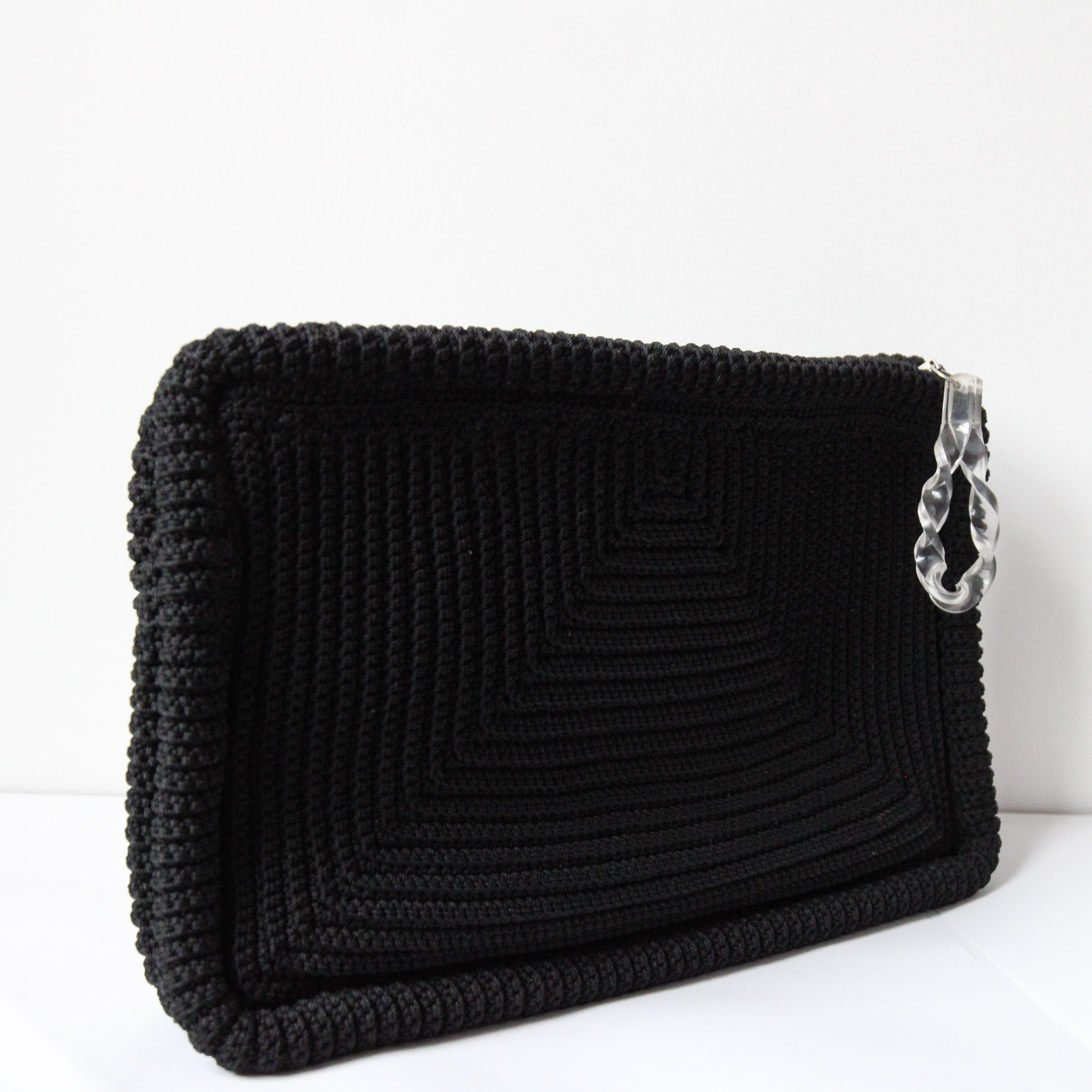 Black Vintage 1940's black Crochet clutch bag original 1940's large clutch bag For Sale