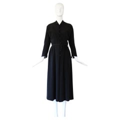 Vintage 1940's Black Dress Faille Silk Button Down Day Dress US 8 UK 12