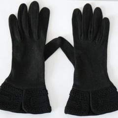 Vintage 1940's Black Gauntlet Gloves Soutache Corde Embroidery size 7.5
