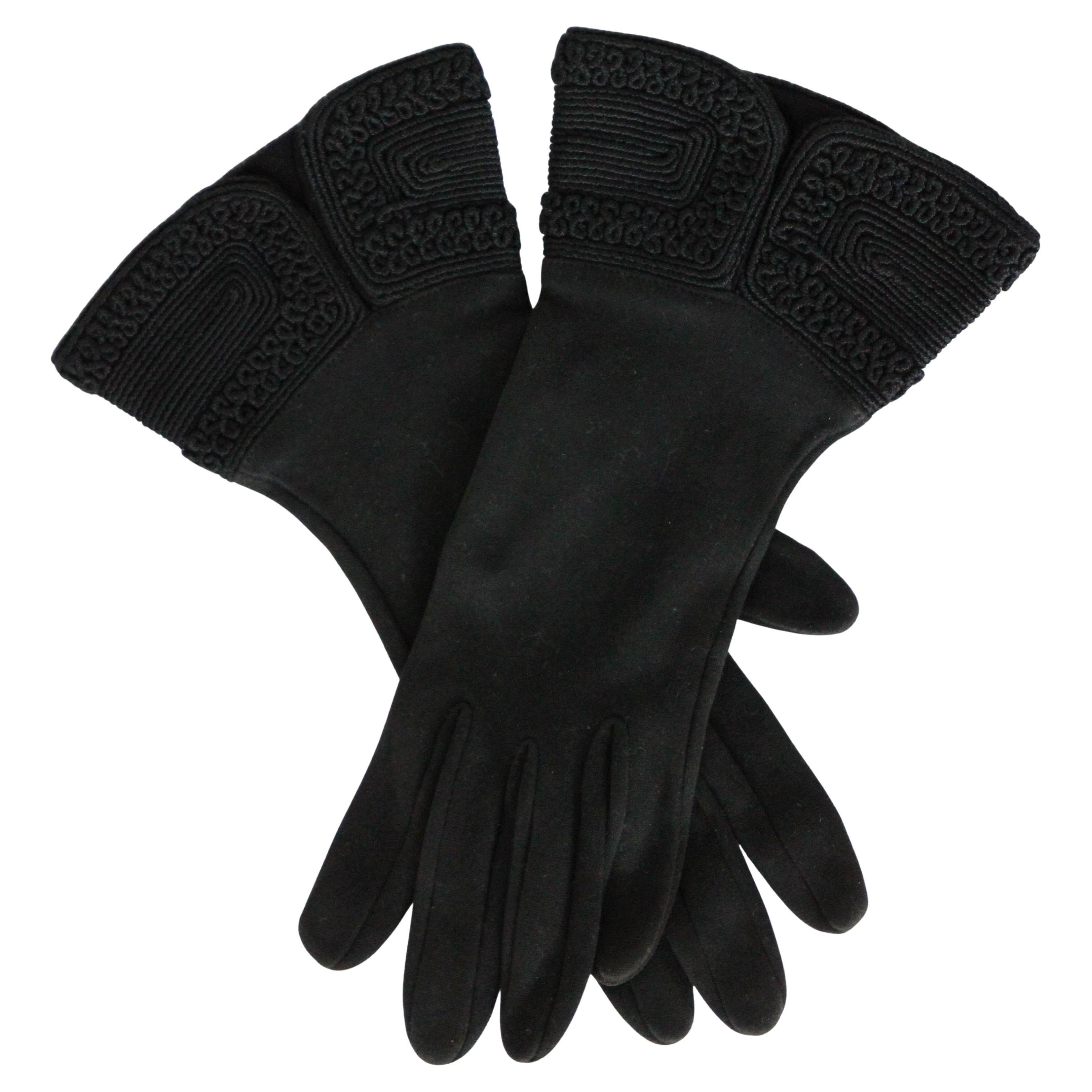 Vintage 1940
s Black Gauntlet Gloves Soutache Corde Embroidery size 7.5