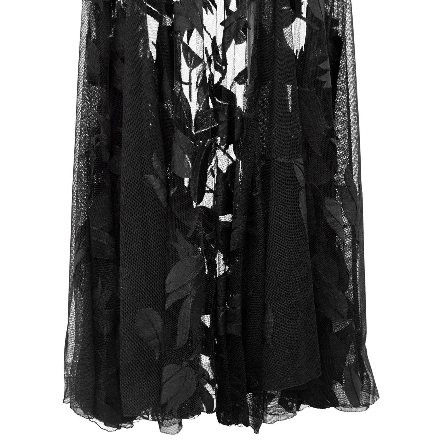 Women's Vintage 1940's Black Net Gown with Floral Motif For Sale