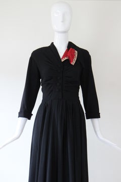 Vintage 1940's Black Pleated Asymmetrical Soutache Collar Dress US 4 UK 8