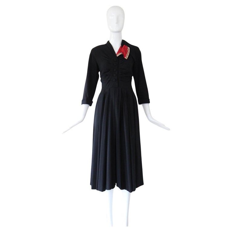 1940s black dress Silk Fringe Evening Blossom Vintage selling Stanwyck style 1940s Black Collared Dress, sz.