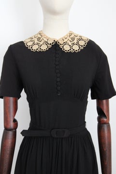 Vintage 1940's Black Silk Cream Collar Dress Button down Lace collar UK 8 US 4