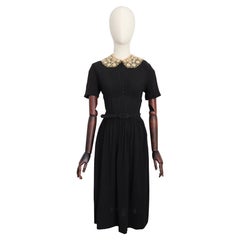 Vintage 1940's Black Silk Cream Collar Dress Button down Lace collar UK 8 US 4