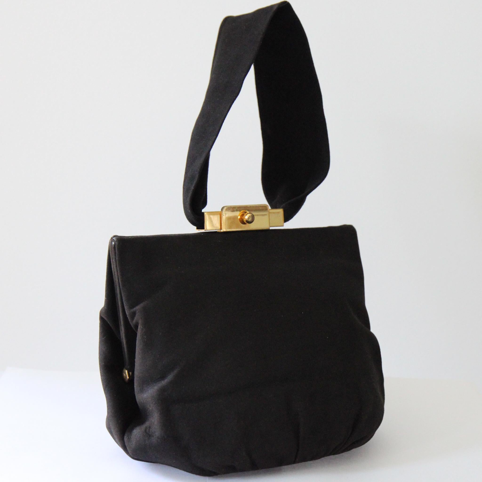 Women's or Men's Vintage 1940's black suede wristlet purse original 1940s black suede handbag For Sale