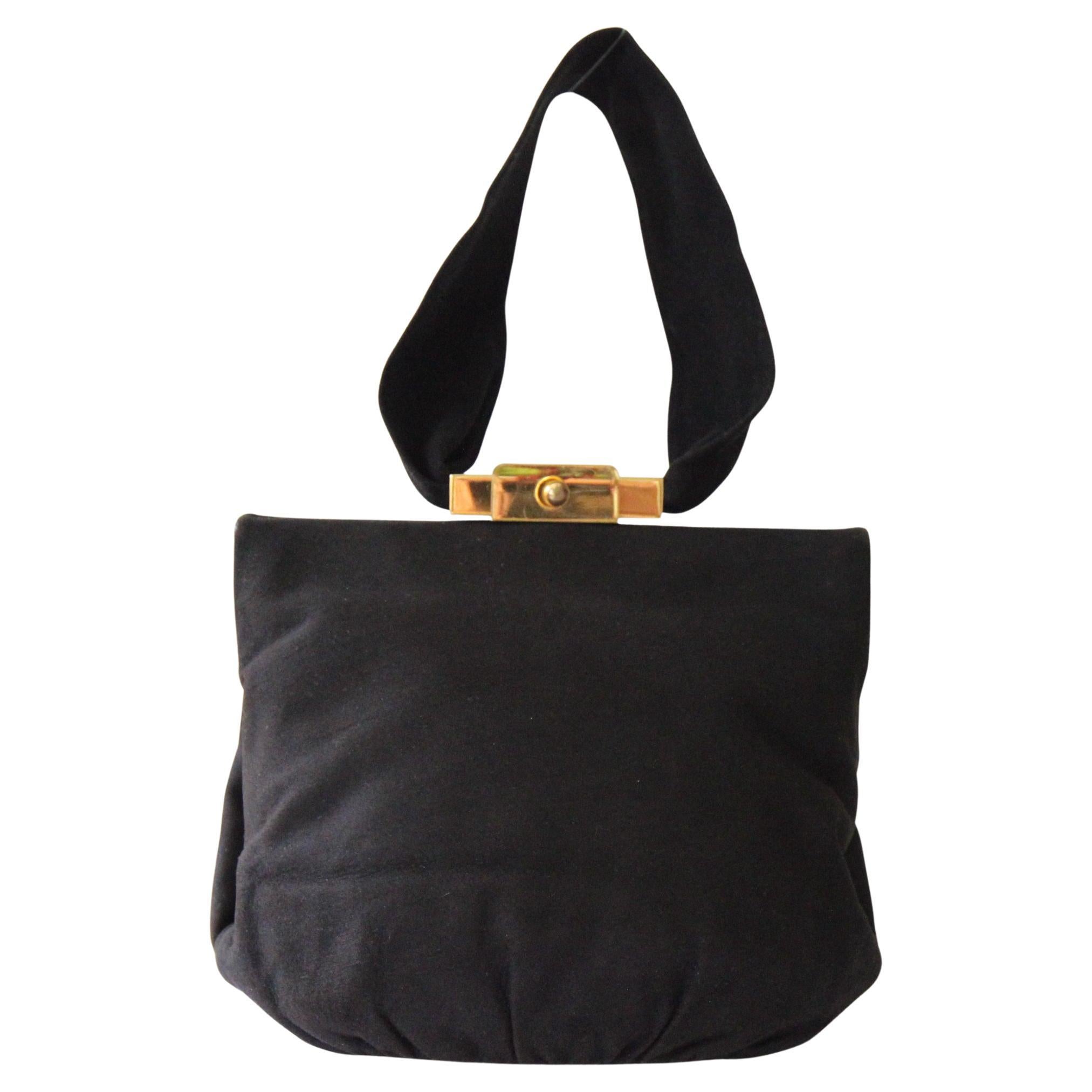 Vintage 1940's black suede wristlet purse original 1940s black suede handbag For Sale