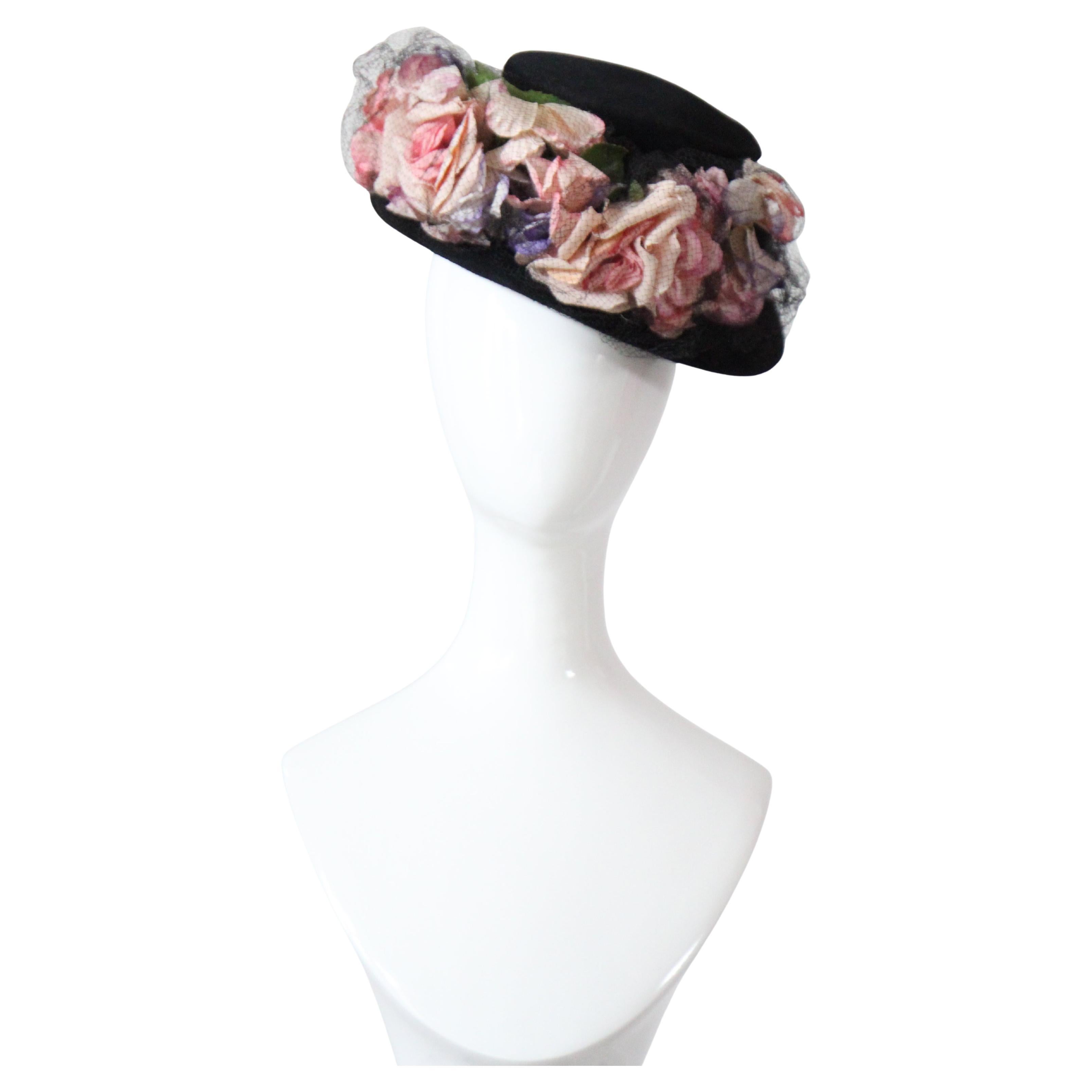 Vintage 1940's Black Tilt Hat Floral Rose Hat Percher Hat Pastel Roses
