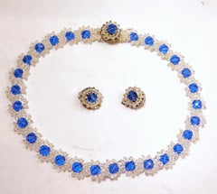 Vintage 1940s Blue & Clear Glass Floral Necklace & Earrings