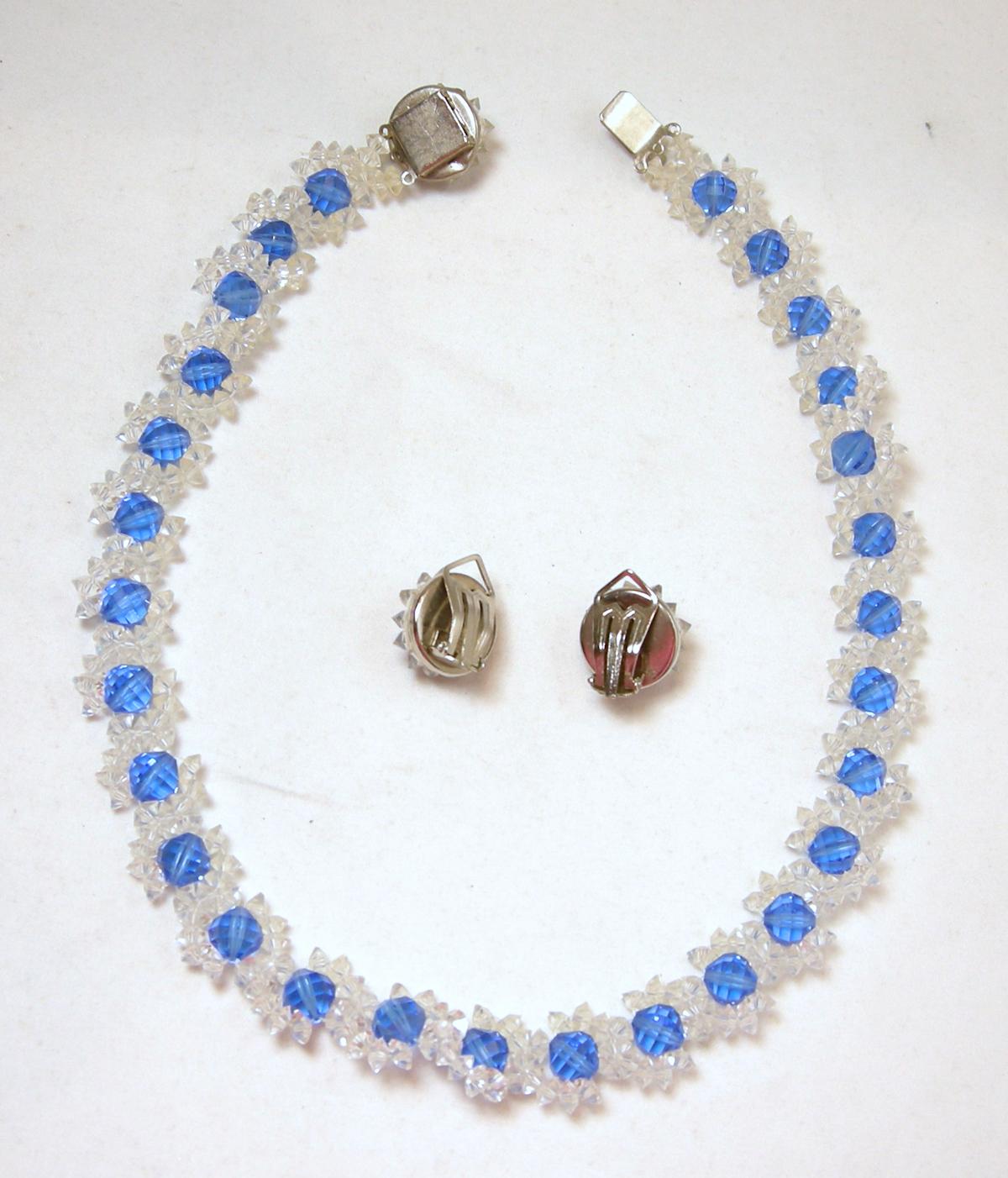 Women's or Men's Vintage 1940s Blue & Clear Glass Floral Necklace & Earrings For Sale