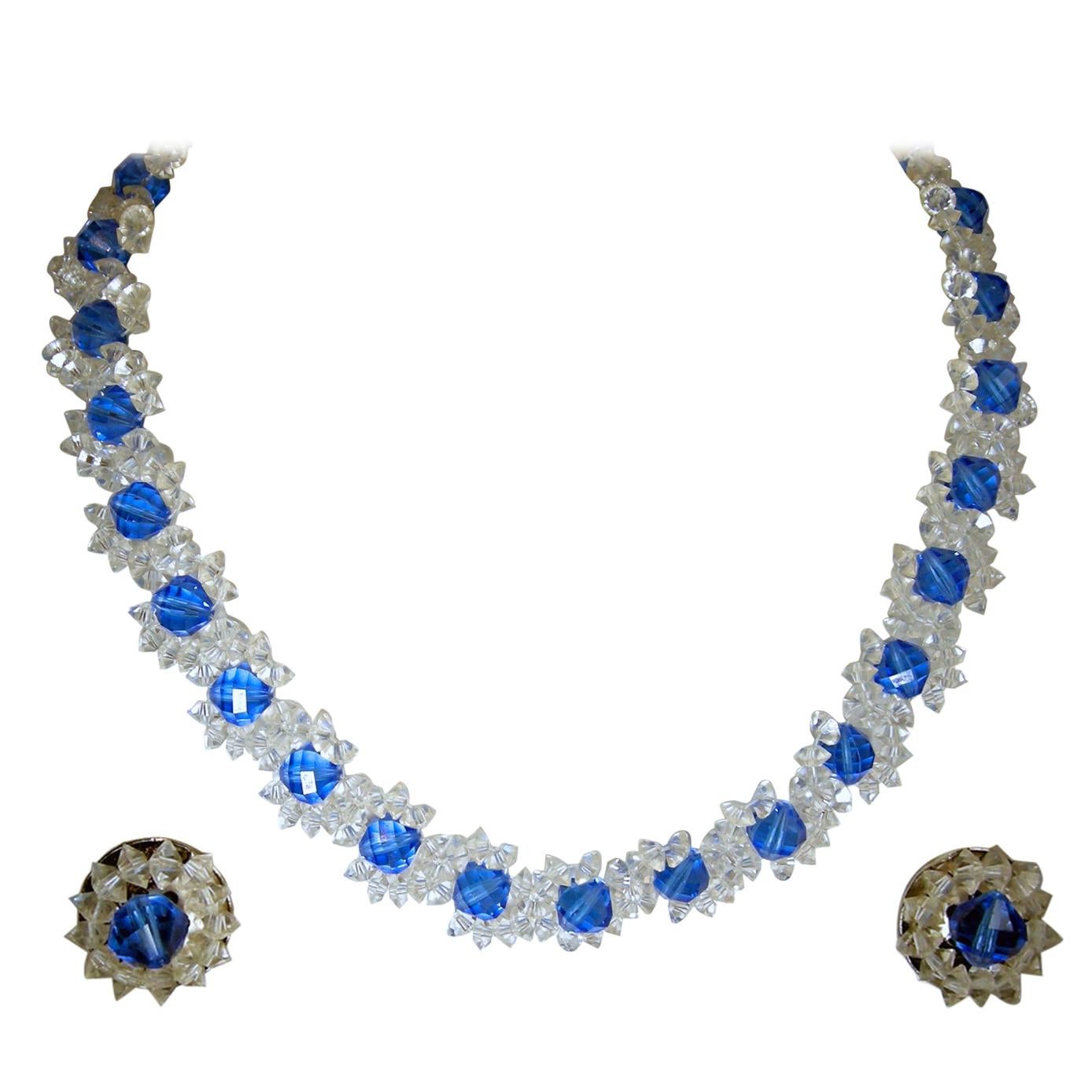Vintage 1940s Blue & Clear Glass Floral Necklace & Earrings For Sale