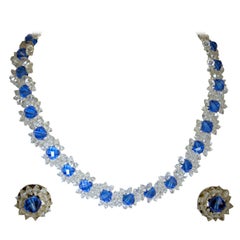 Vintage 1940s Blue & Clear Glass Floral Necklace & Earrings