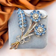 Vintage 1940s Blue Glass and Enamel Vintage Statement Floral Posy Brooch