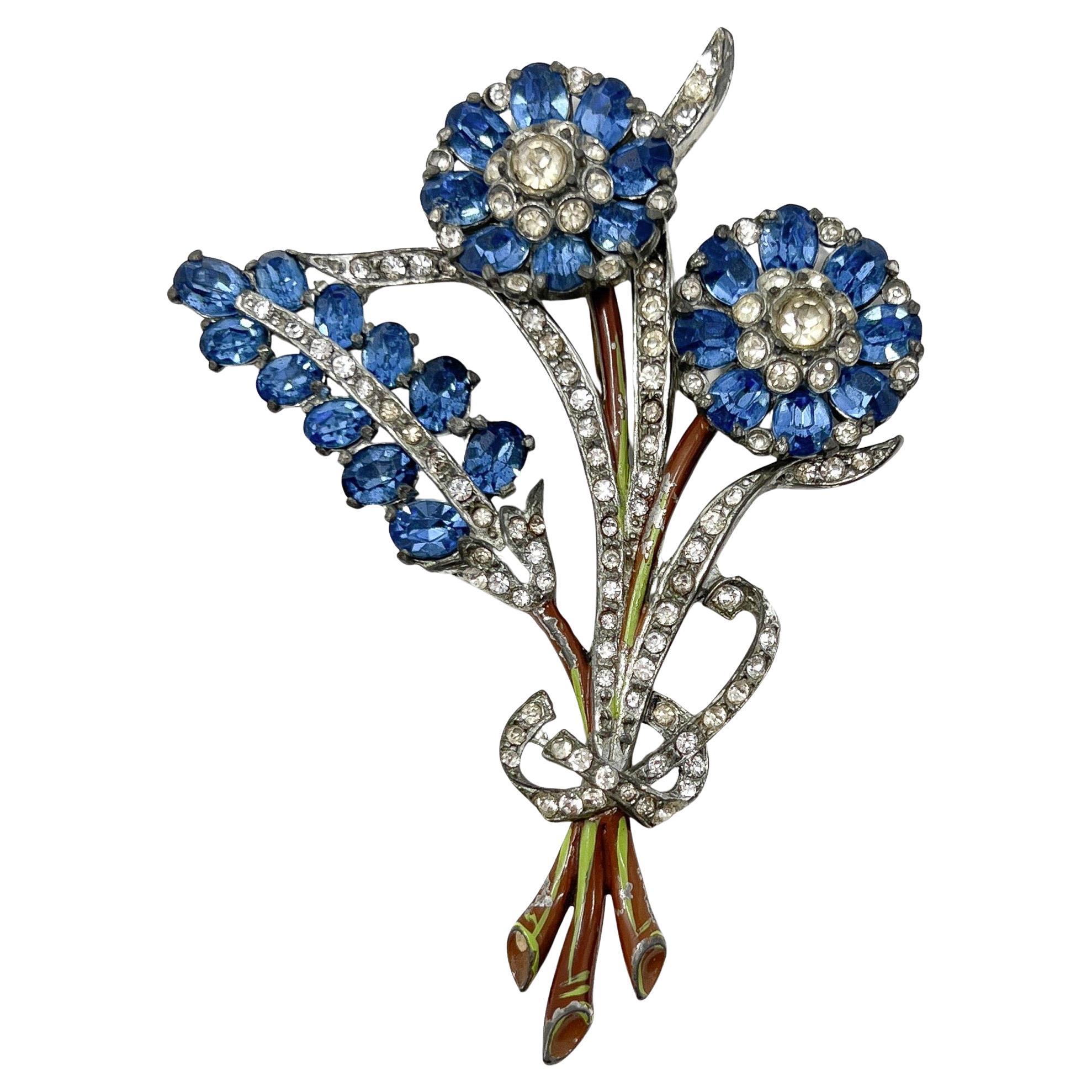 Vintage 1940
s Blue Glass and Enamel Vintage Statement Floral Posy Brooch