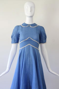 Vintage 1940s Blue Polkadot Cotton Day Dress US 0 UK 4