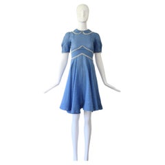 Vintage 1940s Blau Polkadot Baumwolle Tag Kleid US 0 UK 4