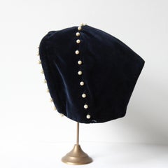Vintage 1940's blue velvet and pearl pixie hat and matching bag set 1940s hat