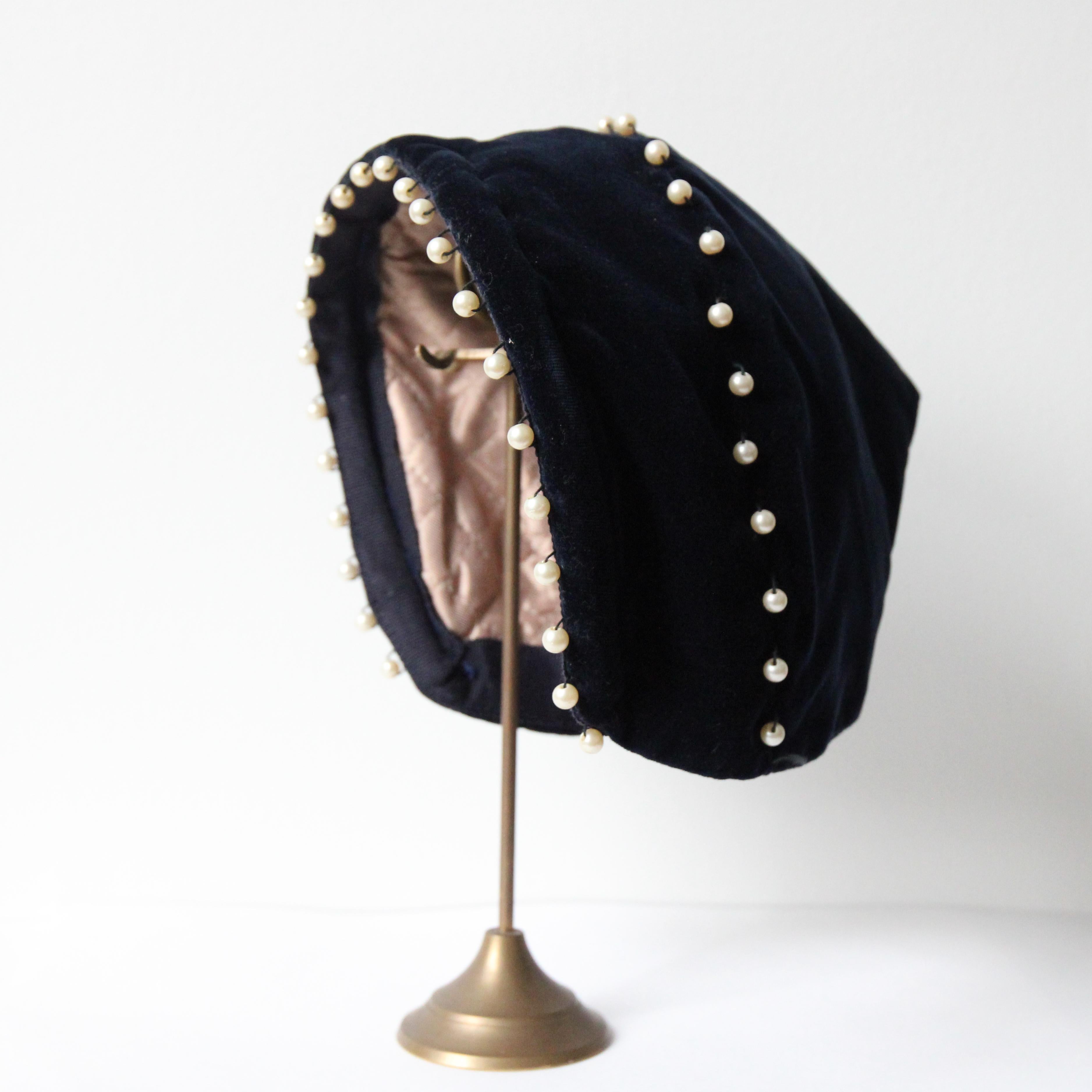 Black Vintage 1940's blue velvet and pearl pixie hat and matching bag set 1940s hat For Sale