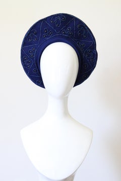 Vintage 1940's Blue Wool Tam Hat Soutache Embroidery Stud Beret