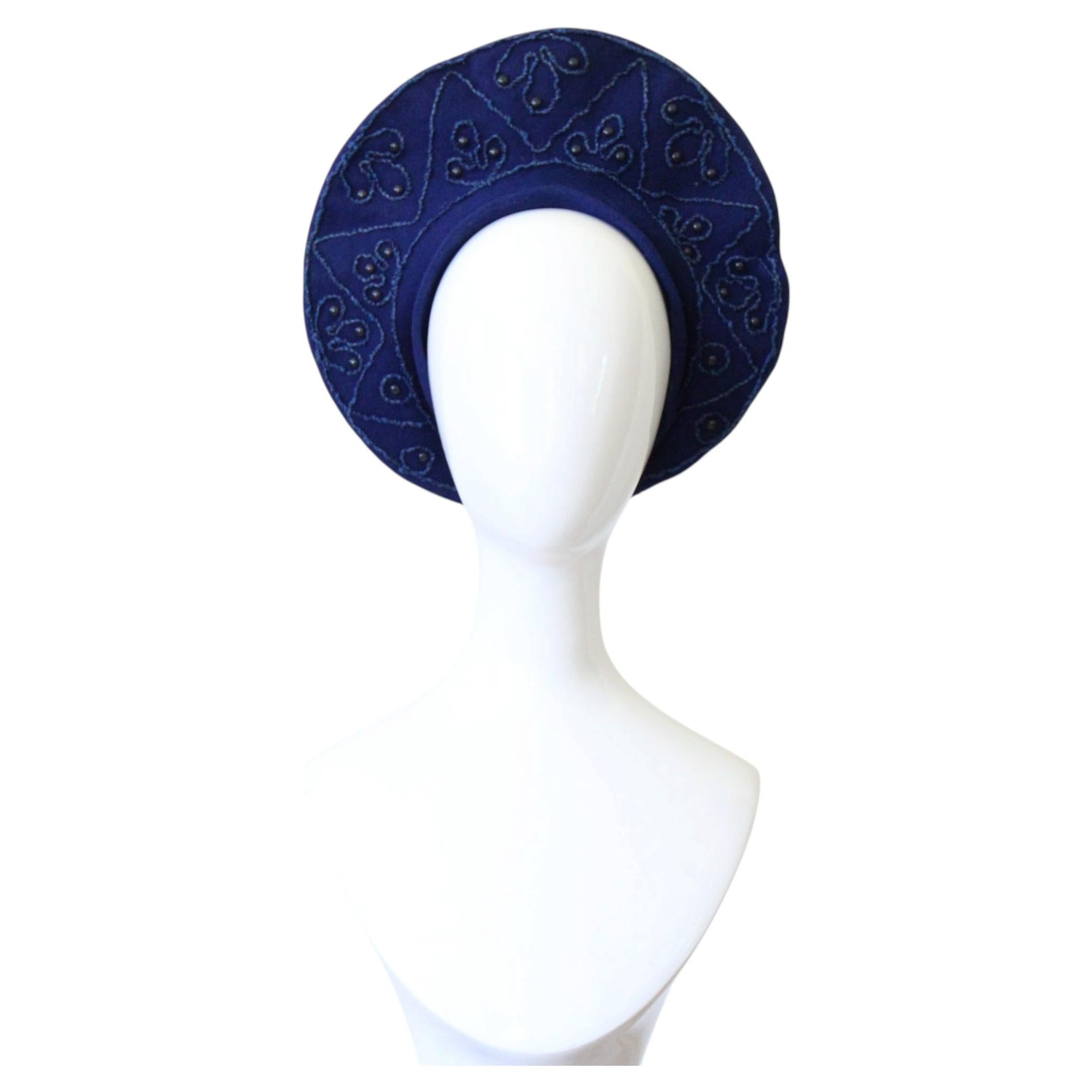 Vintage 1940's Blue Wool Tam Hat Soutache Embroidery Stud Beret