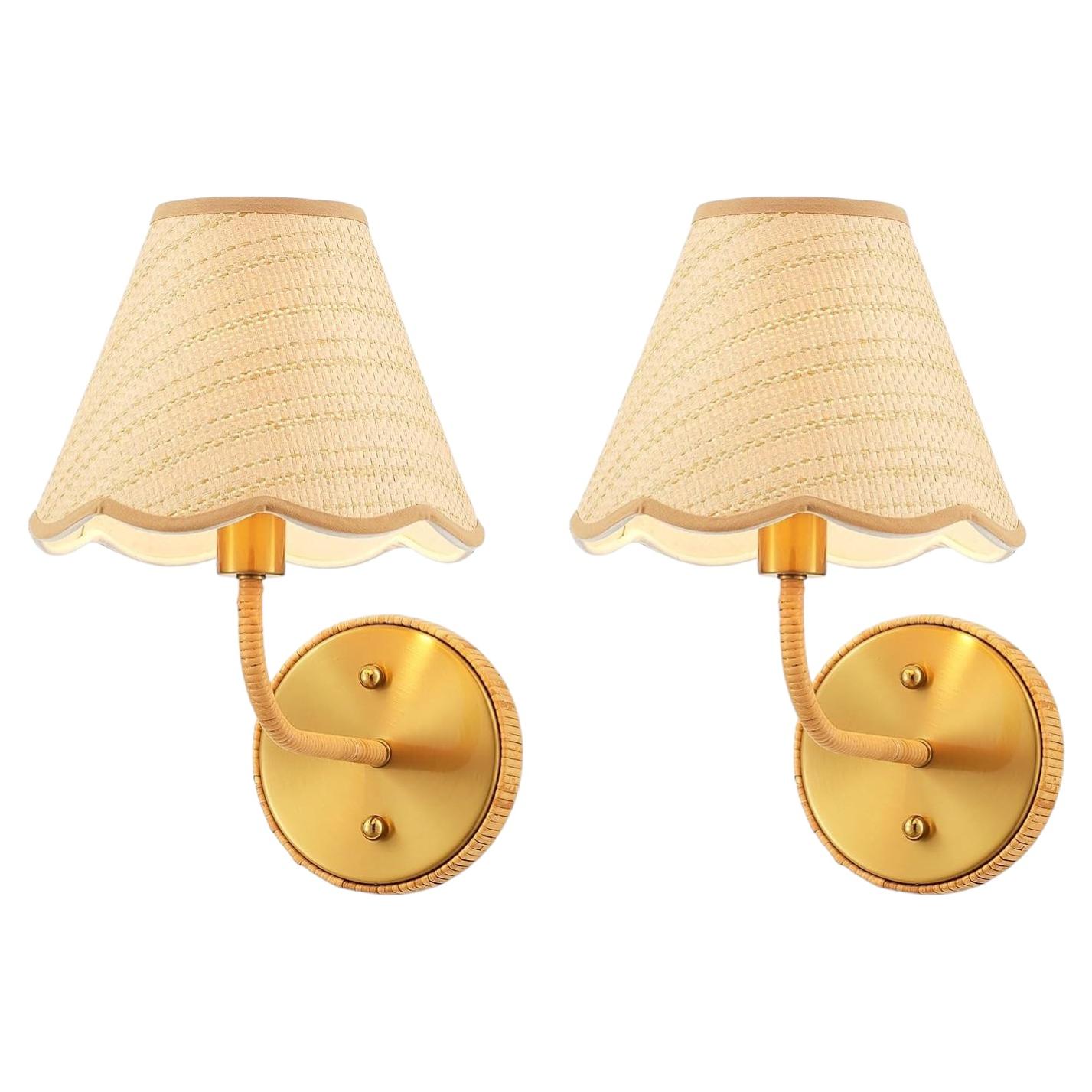Vintage 1940s Boho Rattan Wall Sconces, Pair of Brass Farmhouse Lights For Sale