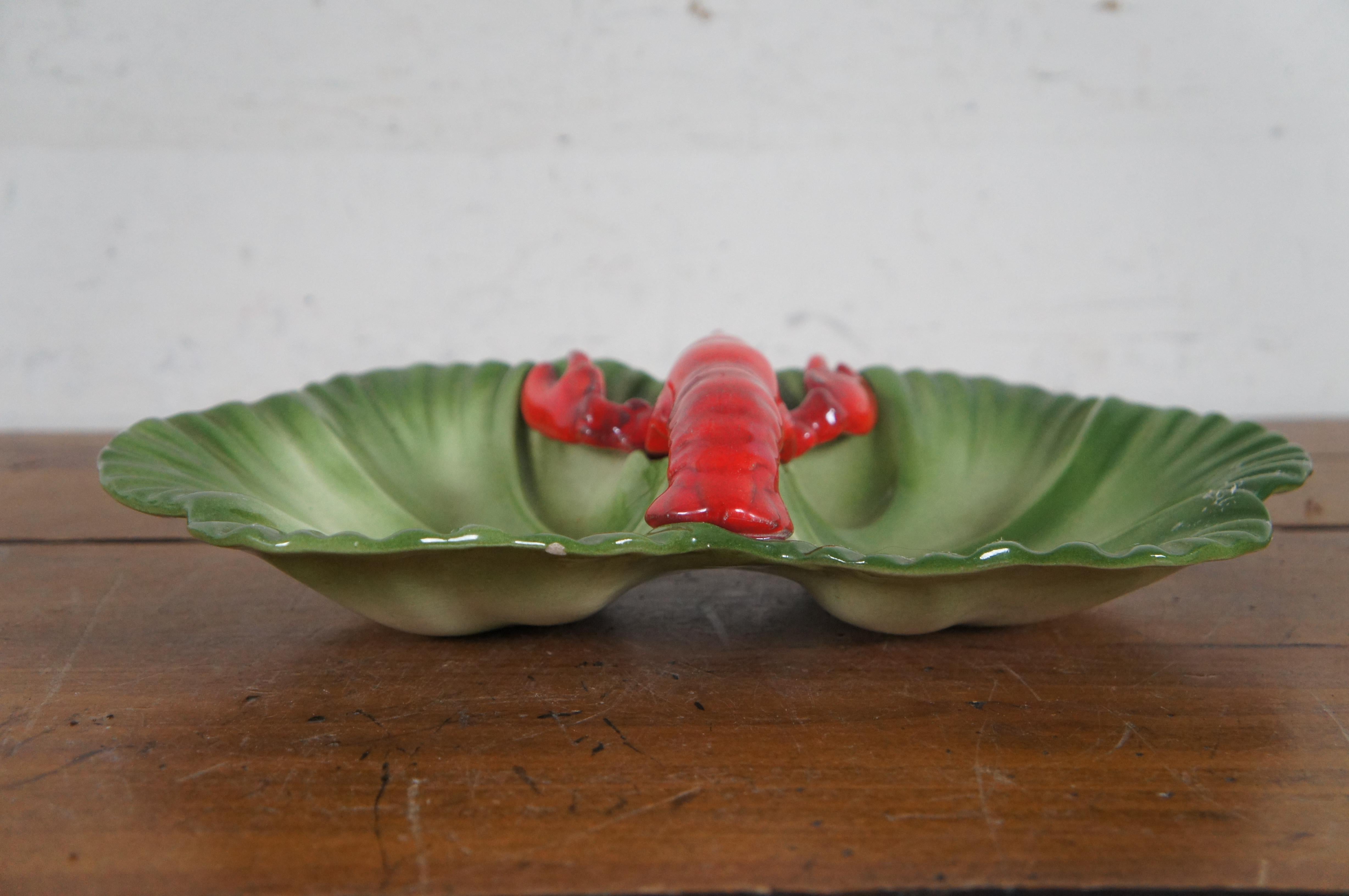 Porcelain Vintage 1940s Brad Keeler Ceramic  Lobster Cabbage Leaf Divided Dish 872 12