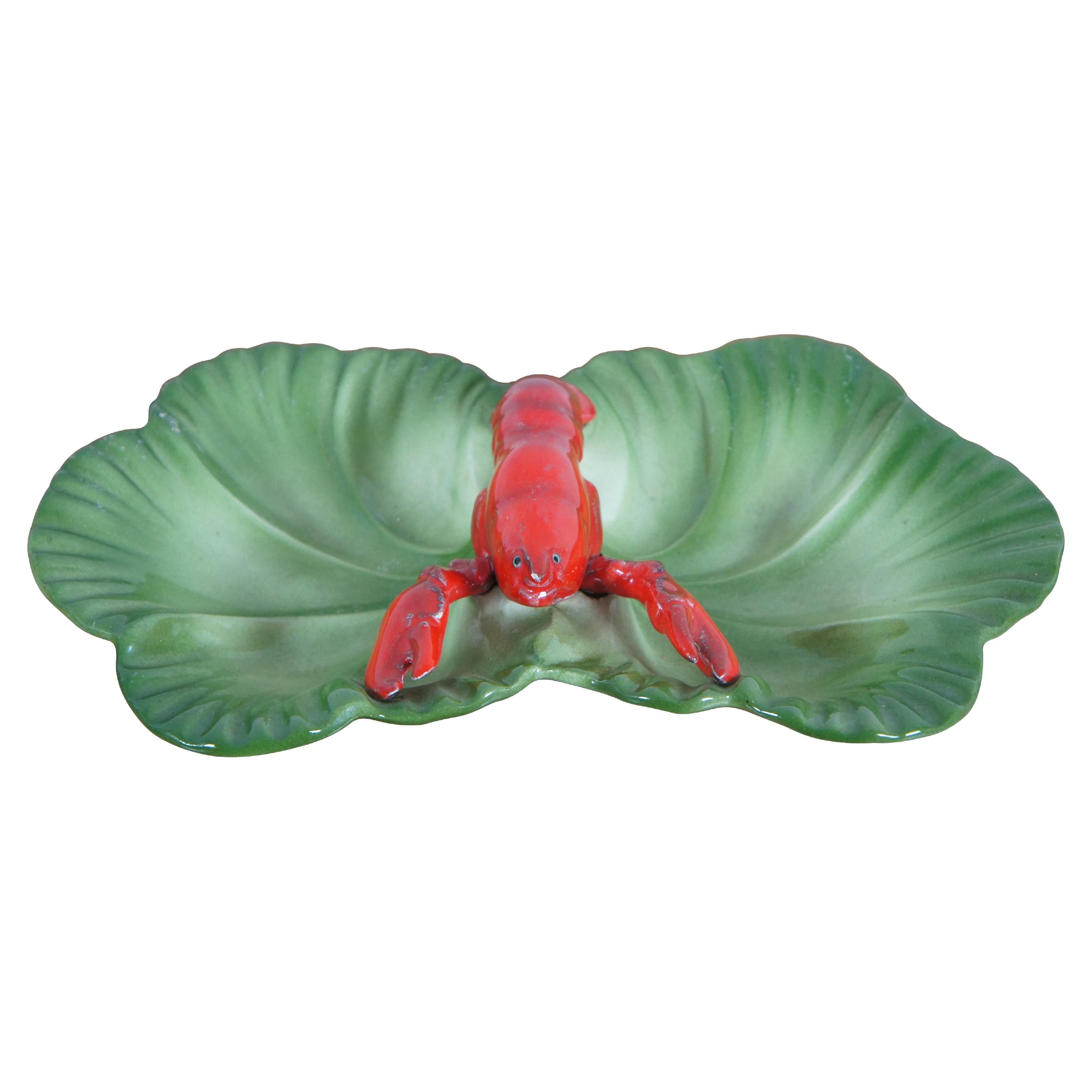 Vintage 1940s Brad Keeler Ceramic  Lobster Cabbage Leaf Divided Dish 872 12" For Sale