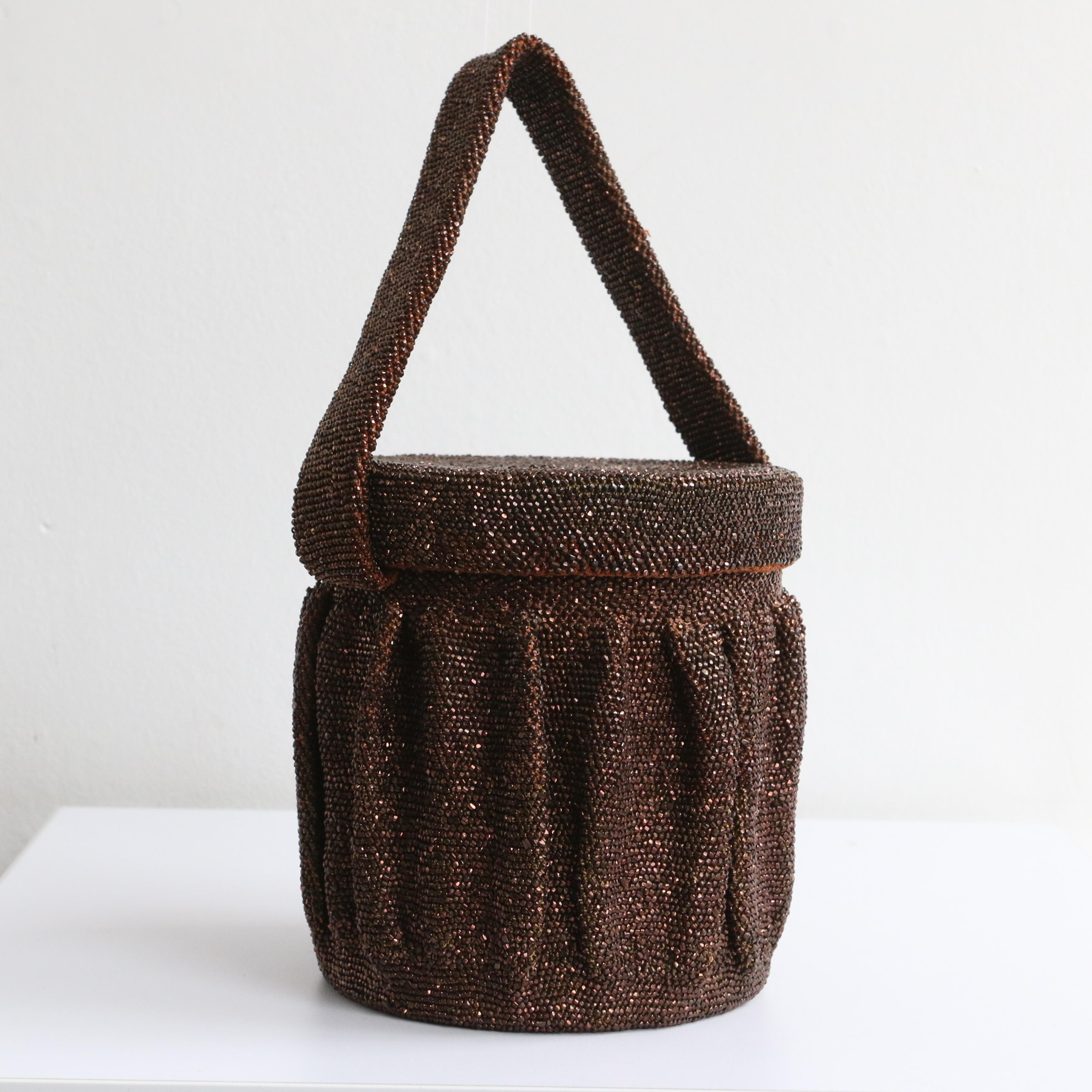 Black Vintage 1940's bronze beaded box bag evening bag original 1940s beaded wristlet For Sale