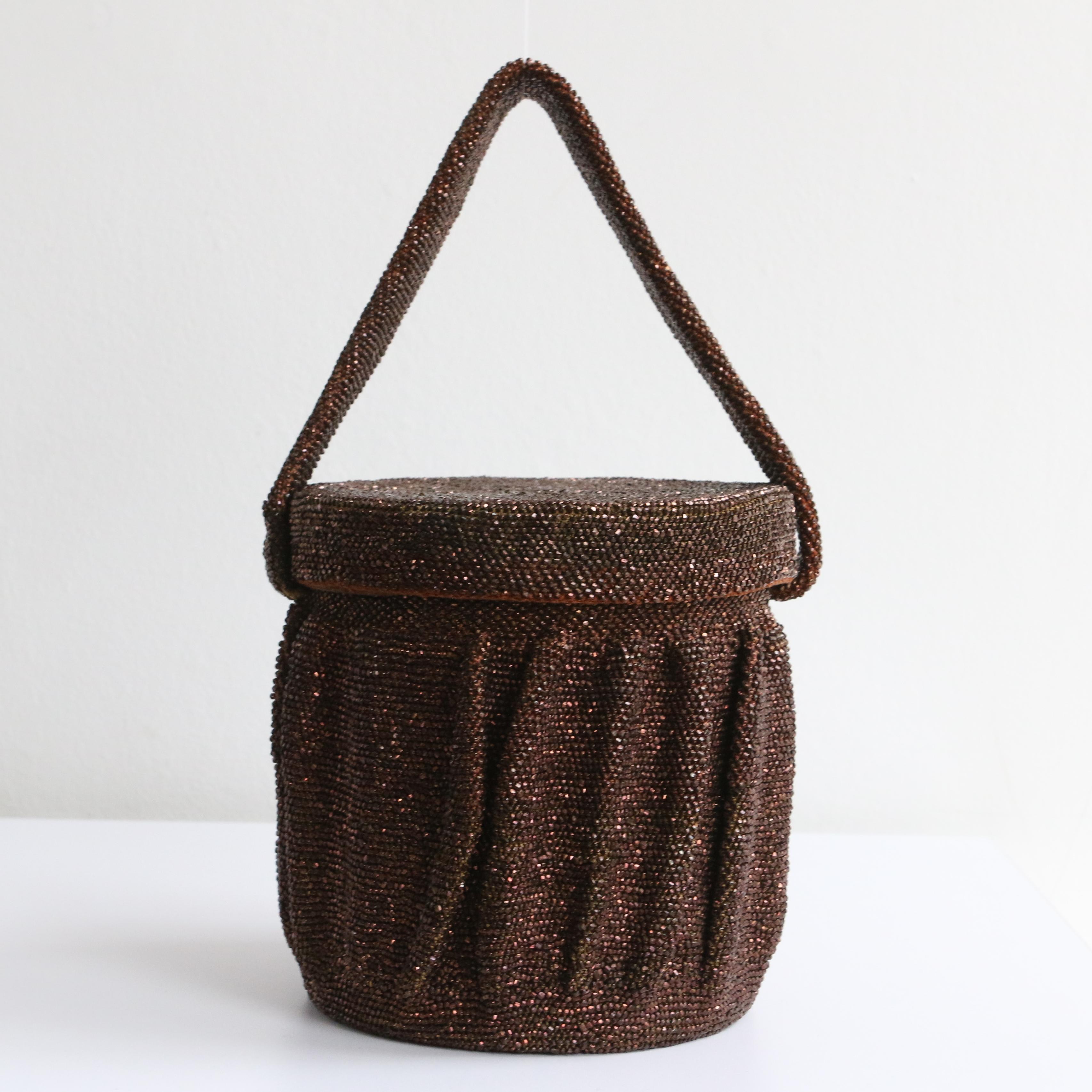Vintage 1940's bronze beaded box bag evening bag original 1940s beaded wristlet For Sale 1