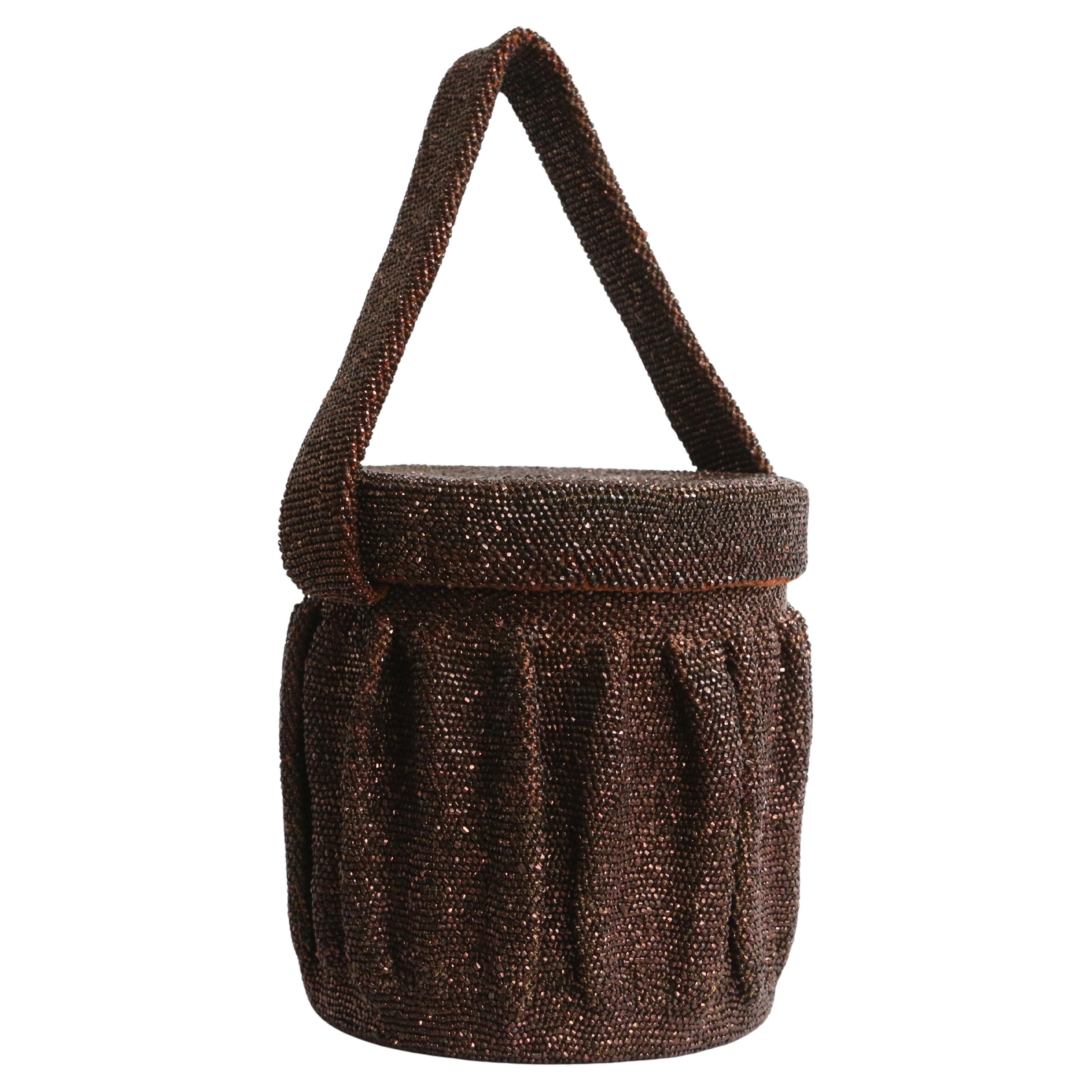 Vintage 1940's bronze beaded box bag evening bag original 1940s beaded wristlet For Sale