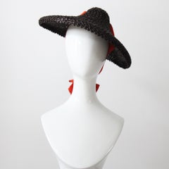 Vintage 1940's Brown Straw Saucer Hat 1940's Orange Ribbon Percher Hat Tilt hat