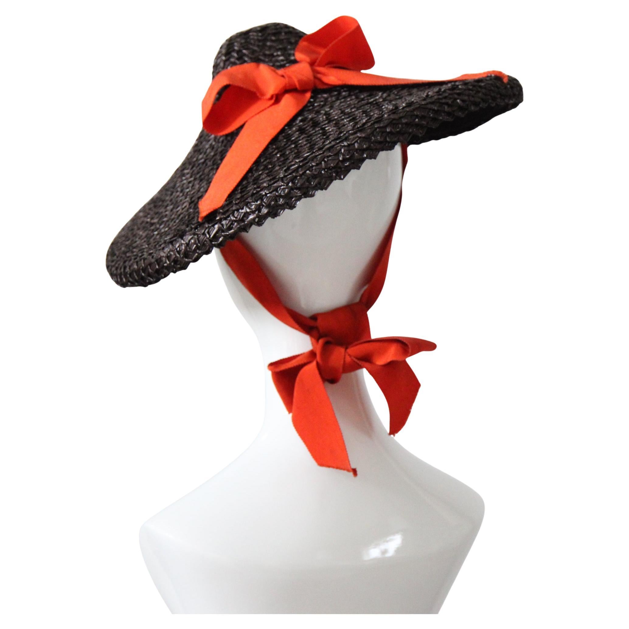 Cappello a piattino in paglia marrone Vintage 1940's Orange Ribbon Percher Hat Cappello a tenda
