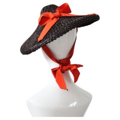 Cappello a piattino in paglia marrone Vintage 1940's Orange Ribbon Percher Hat Cappello a tenda