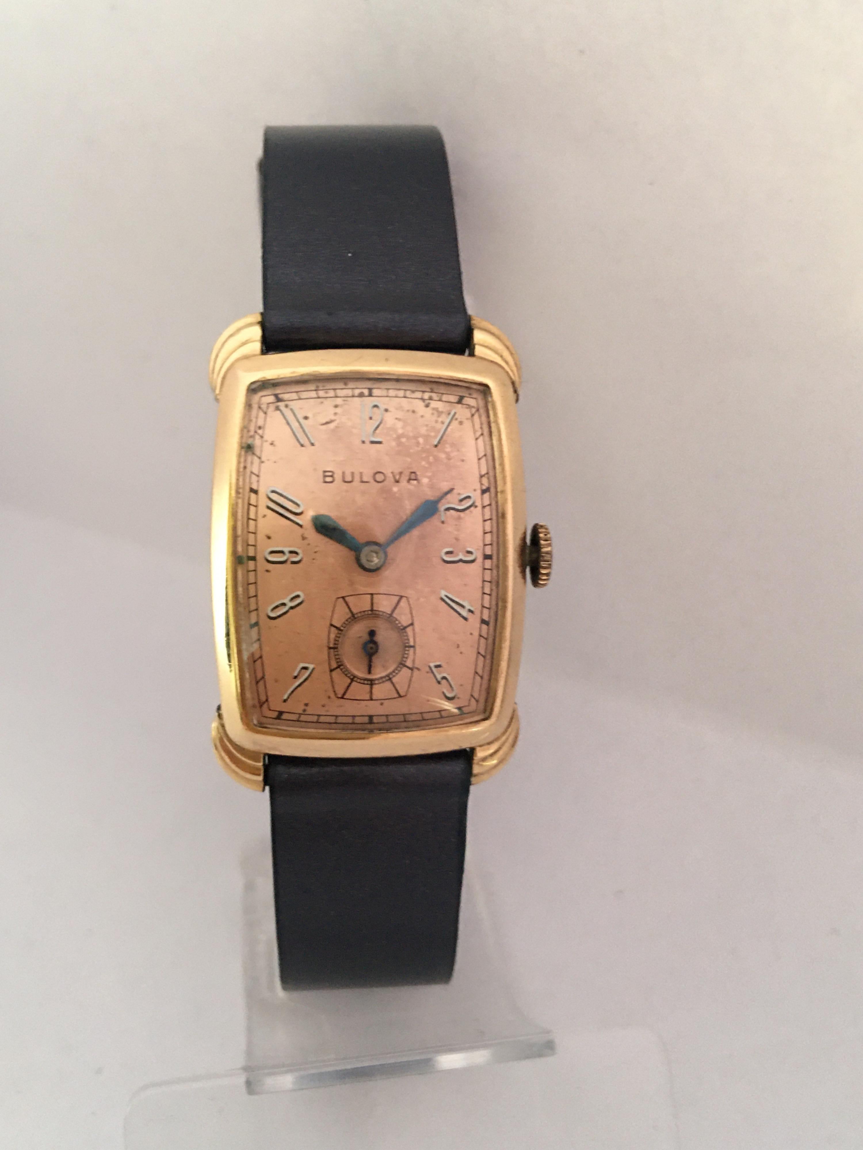 Vintage 1940s Bulova Rectangular Curved Rolled Gold and Stainless Steel Watch 3