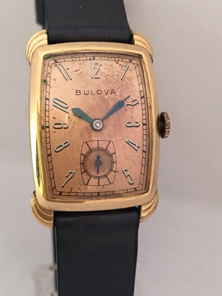 Vintage 1940s Bulova Rectangular Curved Rolled Gold and Stainless Steel