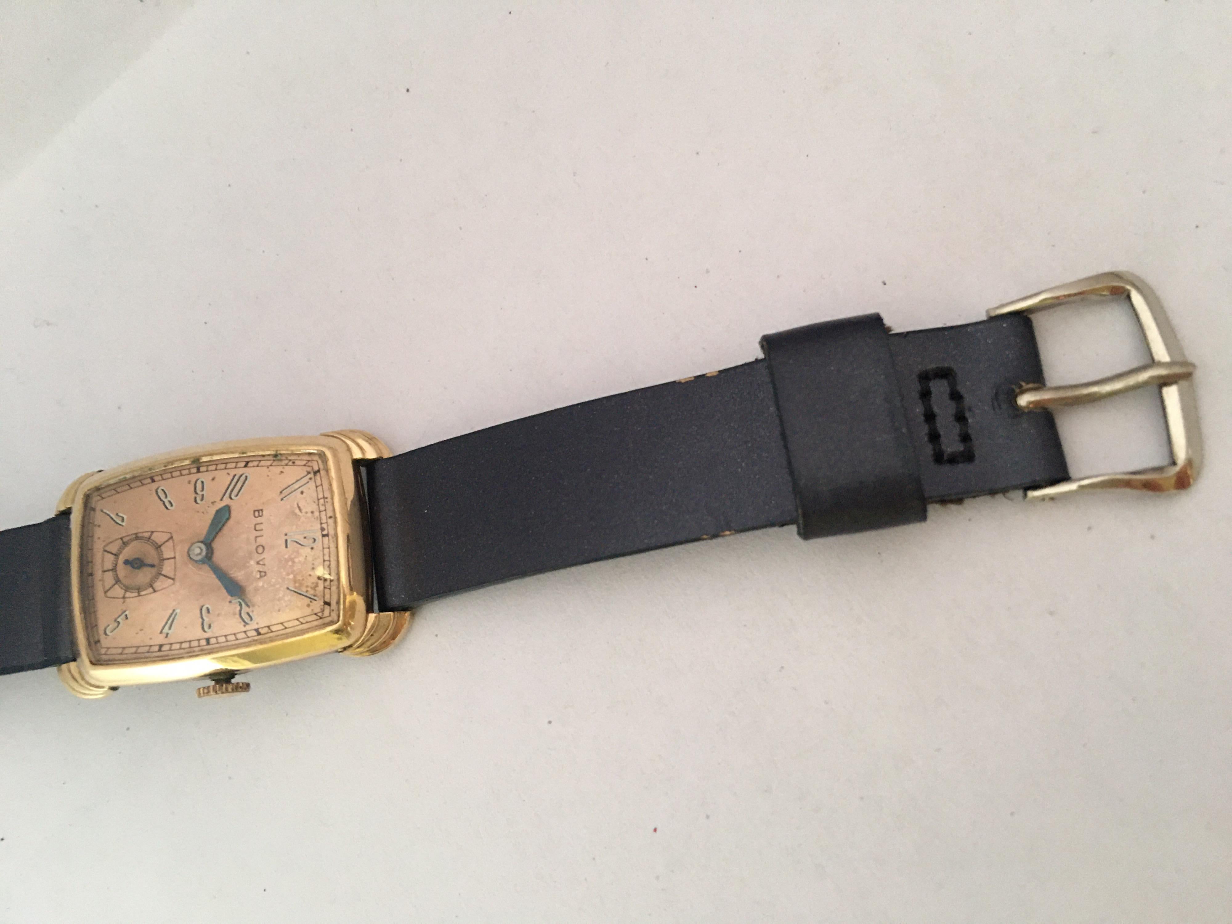 Vintage 1940s Bulova Rectangular Curved Rolled Gold and Stainless Steel Watch 1