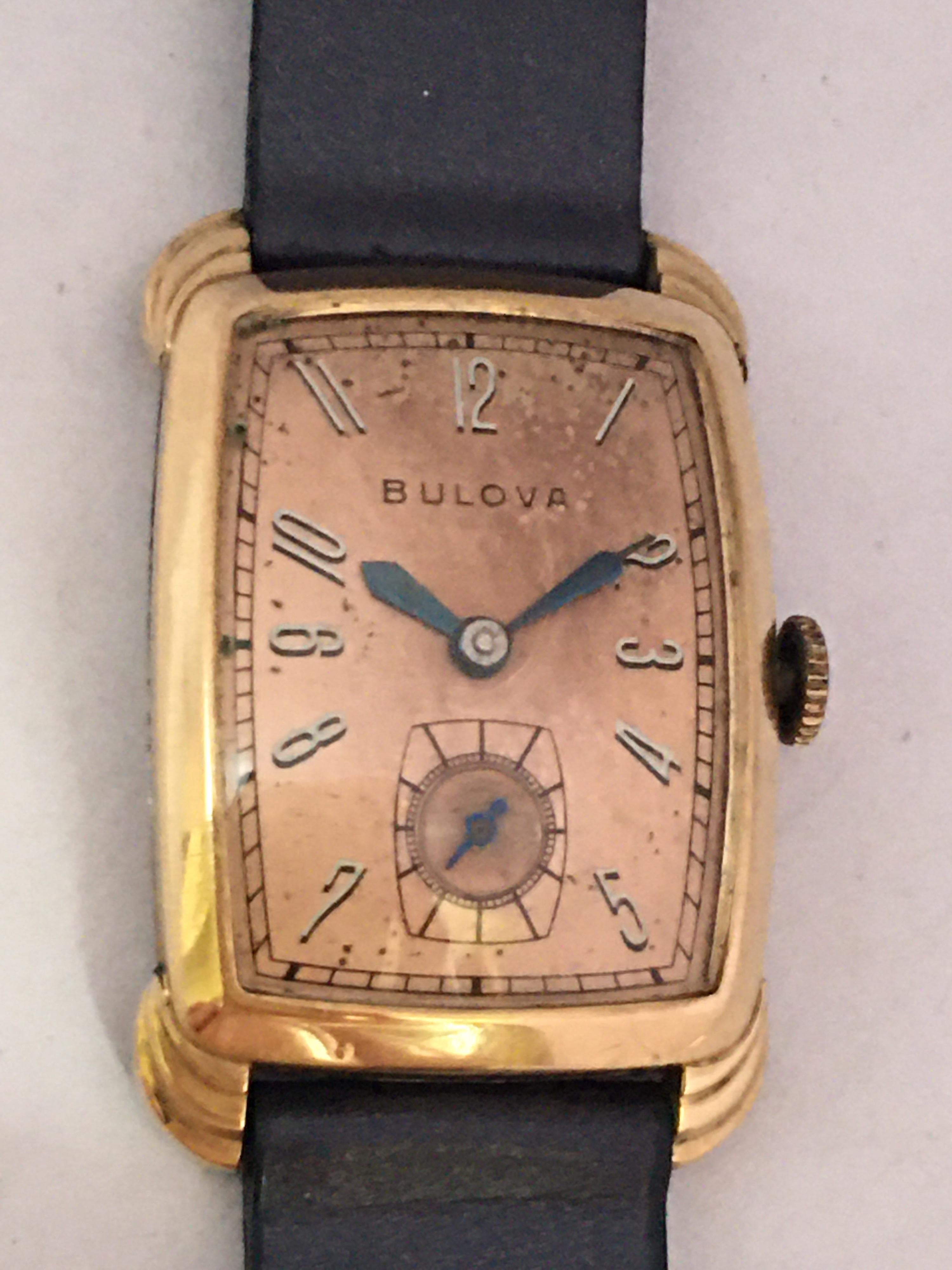 Vintage 1940s Bulova Rectangular Curved Rolled Gold and Stainless Steel Watch 2