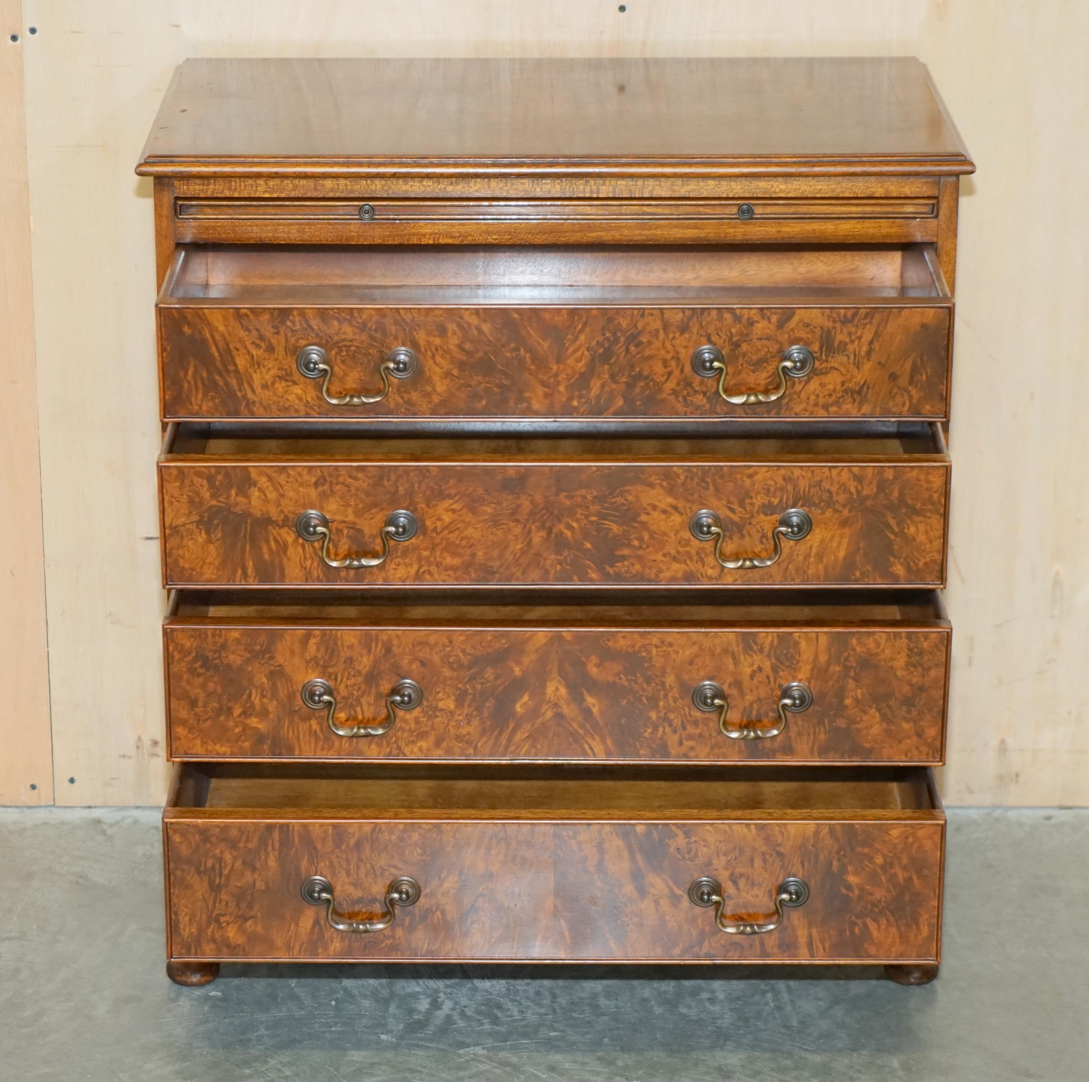 VINTAGE 1940's BURR WALNUT CHEST OF DRAWERS WITH BUTLERS SERVING TRAY TO THE TOP For Sale 12