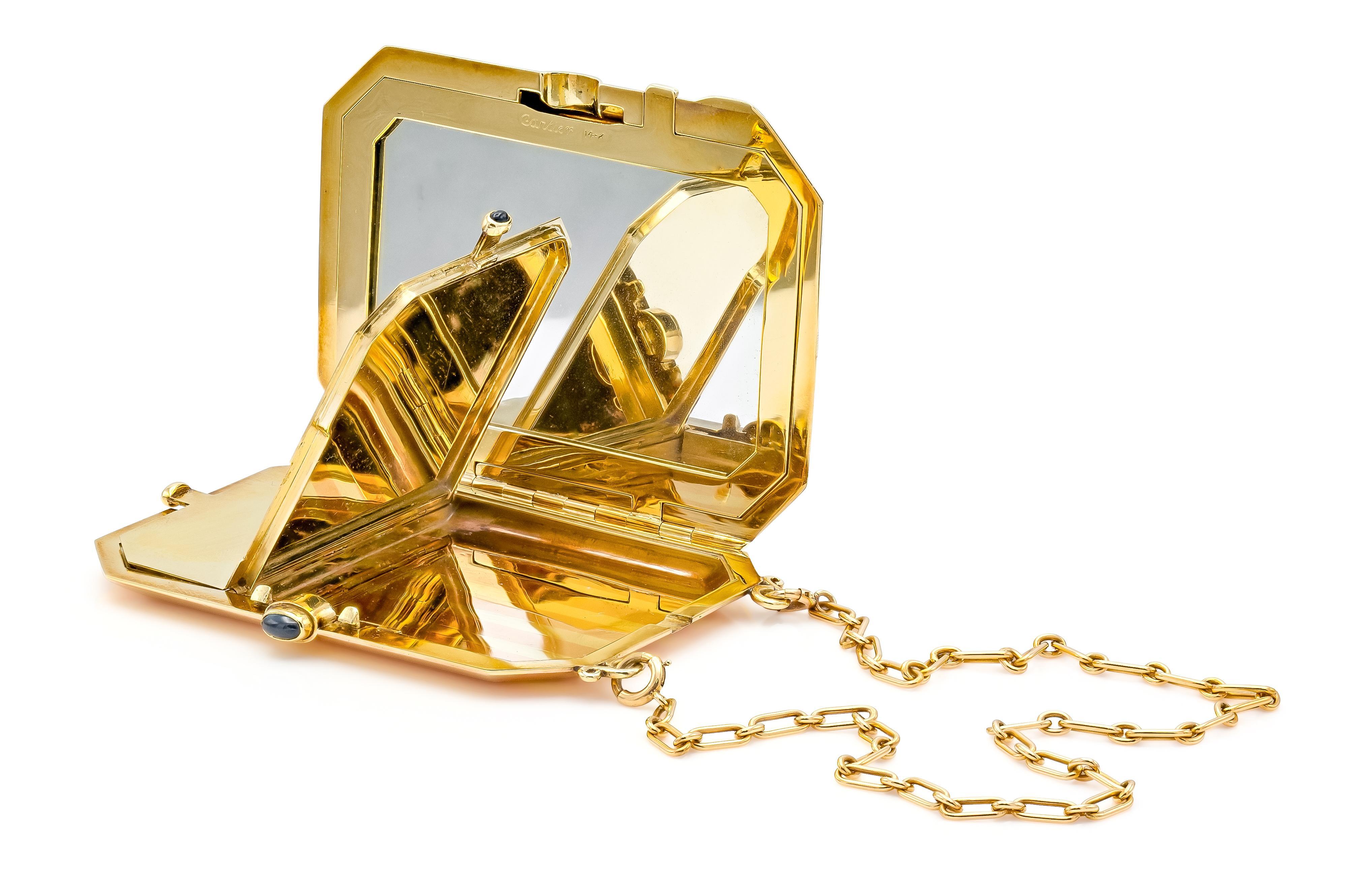 Women's Vintage 1940s Cartier Retro Gold Compact with Sapphires For Sale
