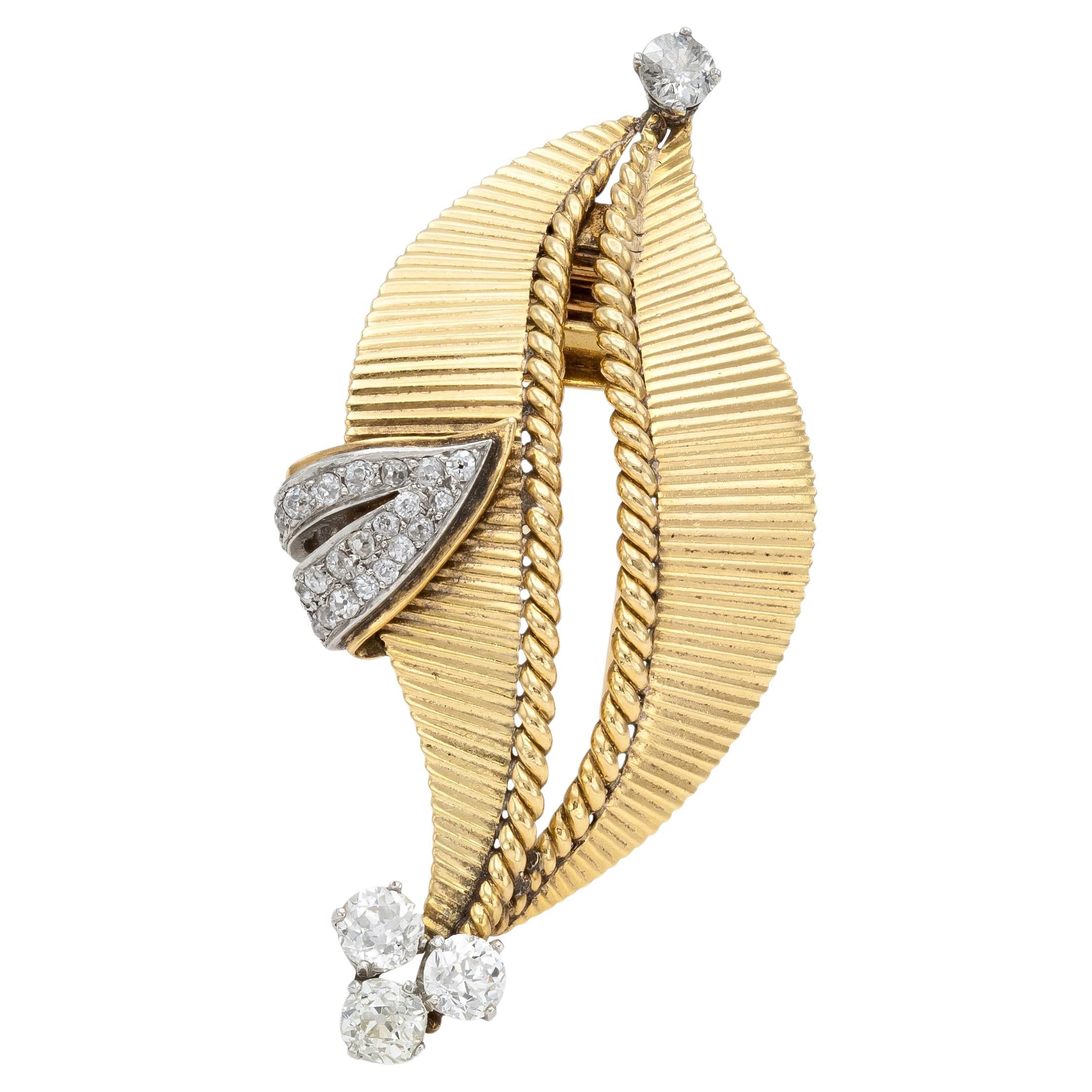 Vintage 1940s Cartier Retro Leaf Brooch with Diamonds