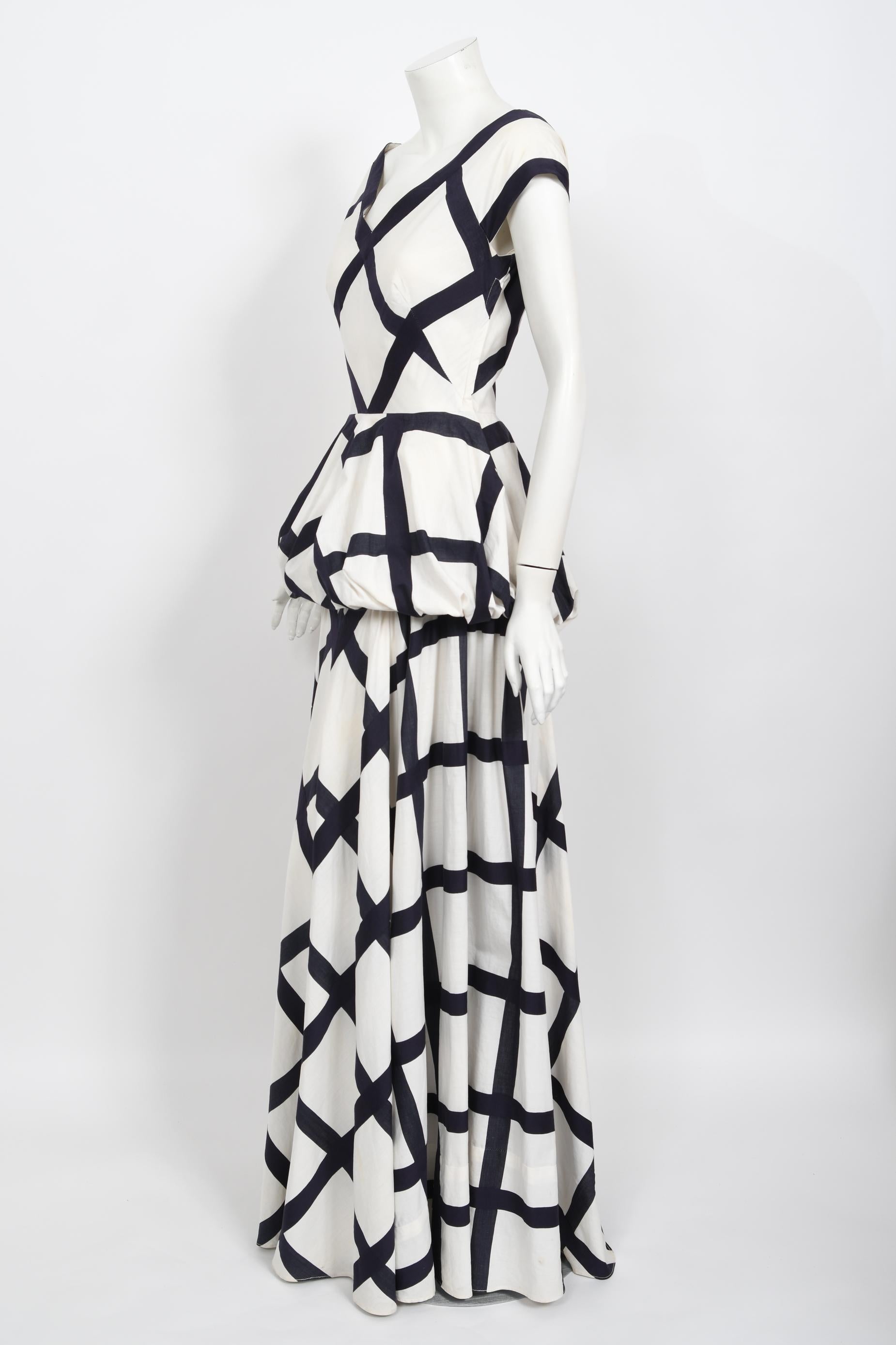 Vintage 1940's Ceil Chapman Windowpane Print Weiß Baumwolle Peplum Full-Skirt Kleid im Angebot 6