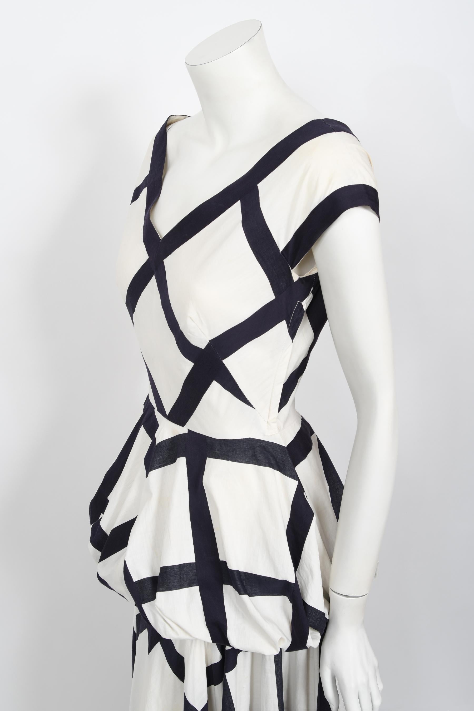 Vintage 1940's Ceil Chapman Windowpane Print Weiß Baumwolle Peplum Full-Skirt Kleid im Angebot 7
